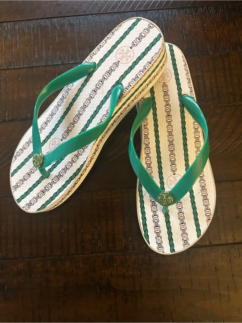 Tory Burch Green Logo Strap Patterned Footbed Sandals